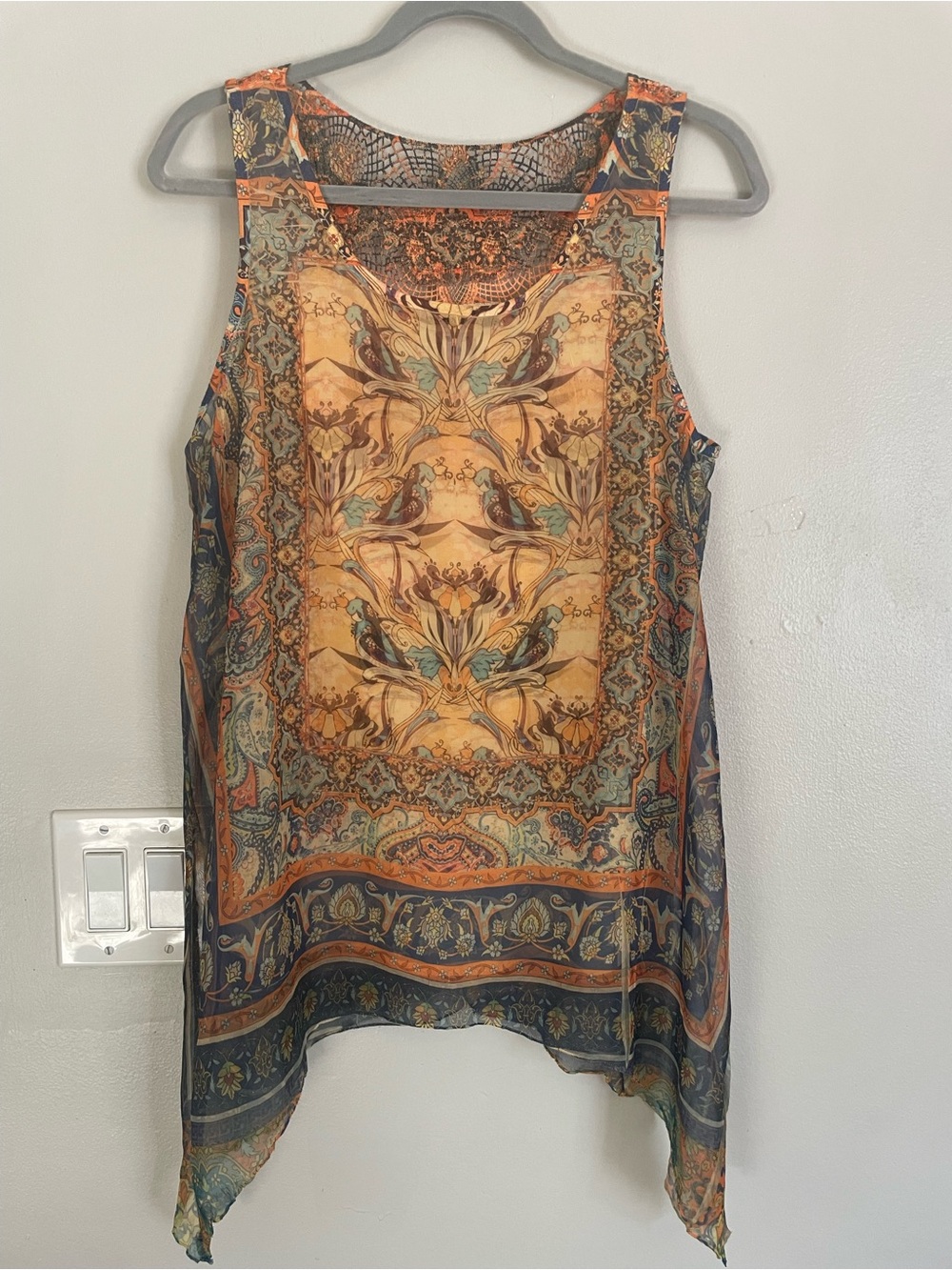 One World Boho Paisley Bird Print Chiffon Handkerchief Hem Tank Top Lace Sz M